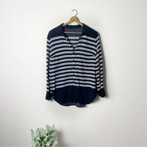 [Talbots] Women's Navy Blue & White Striped Long Sleeve Button Down Top